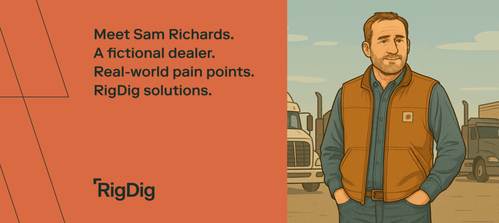 Illustration of Sam a fictional dealer in front of some semi trucks. Meet Sam Richards. A fictional dealer. Real-world pain points. RigDig solutions.