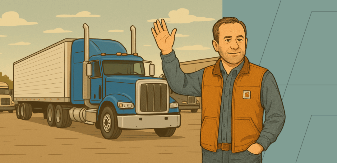Illustration of Sam waving in front of a blue semi truck