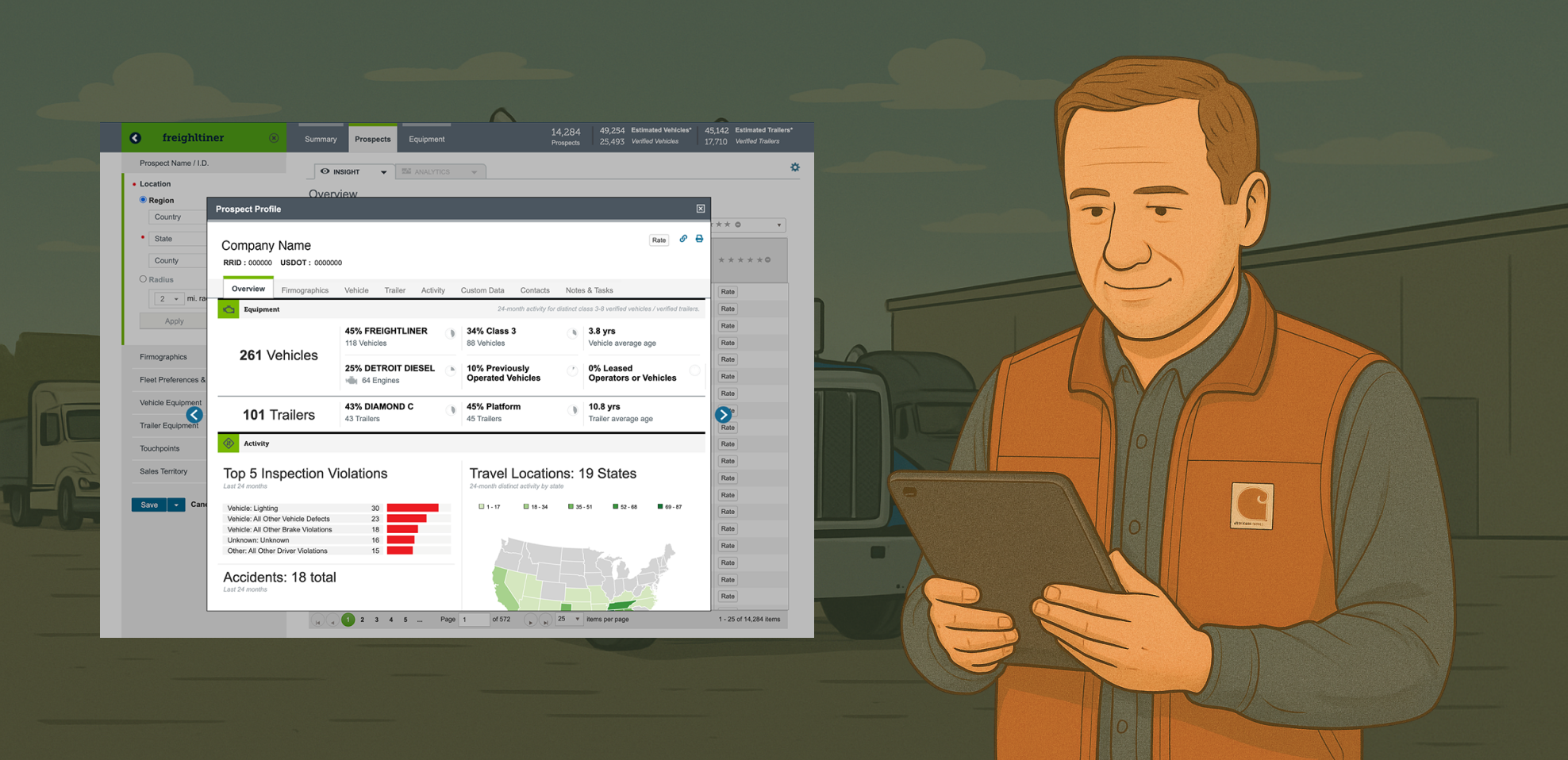 Sam looking at a tablet in front of semi trucks with a look at RigDig's Prospect Profile to the left