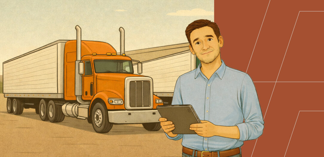 Illustration of Ken looking hopeful while holding a tablet and standing in front of two semi trucks